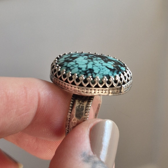 Handmade Sterling Silver and Kingman Turquoise Ring Size 7 - Picture 3 of 12